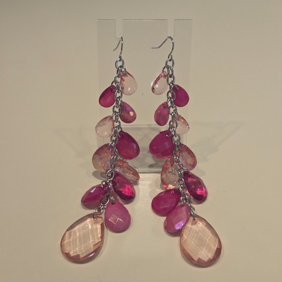 Jewelry - Pink Ombre Faceted Beads Silver Tone Cha Dangle Drop 4.5" French Hook Earrings